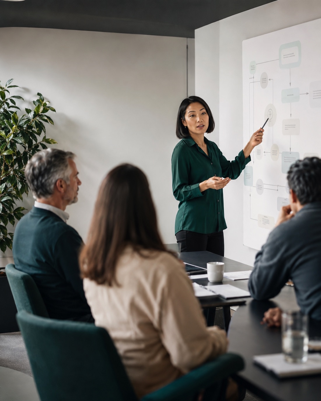 Illustration: a manager explaining a process map to her team in a meeting room