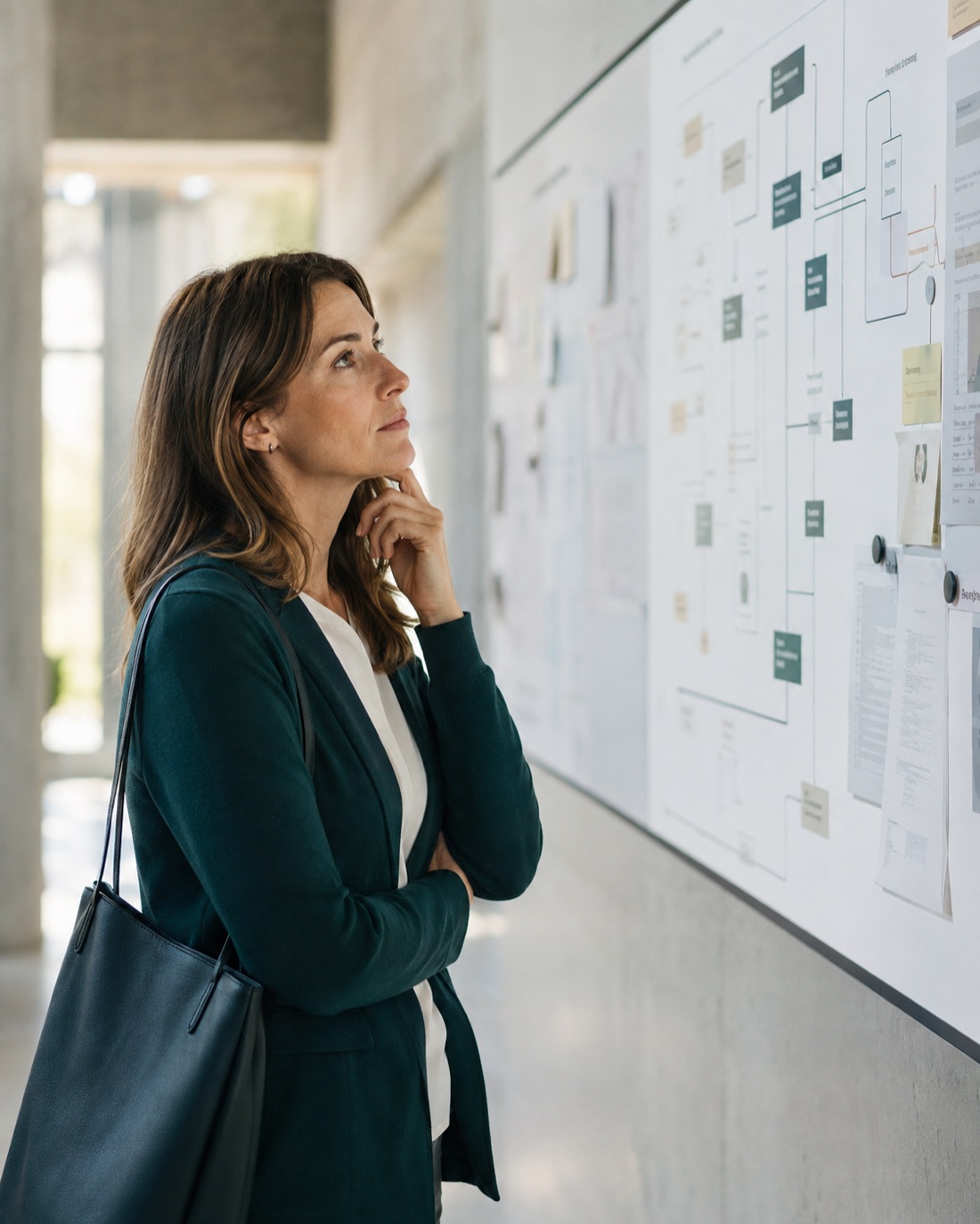 Illustration: a person studying a process map on a wall, working out what happens next